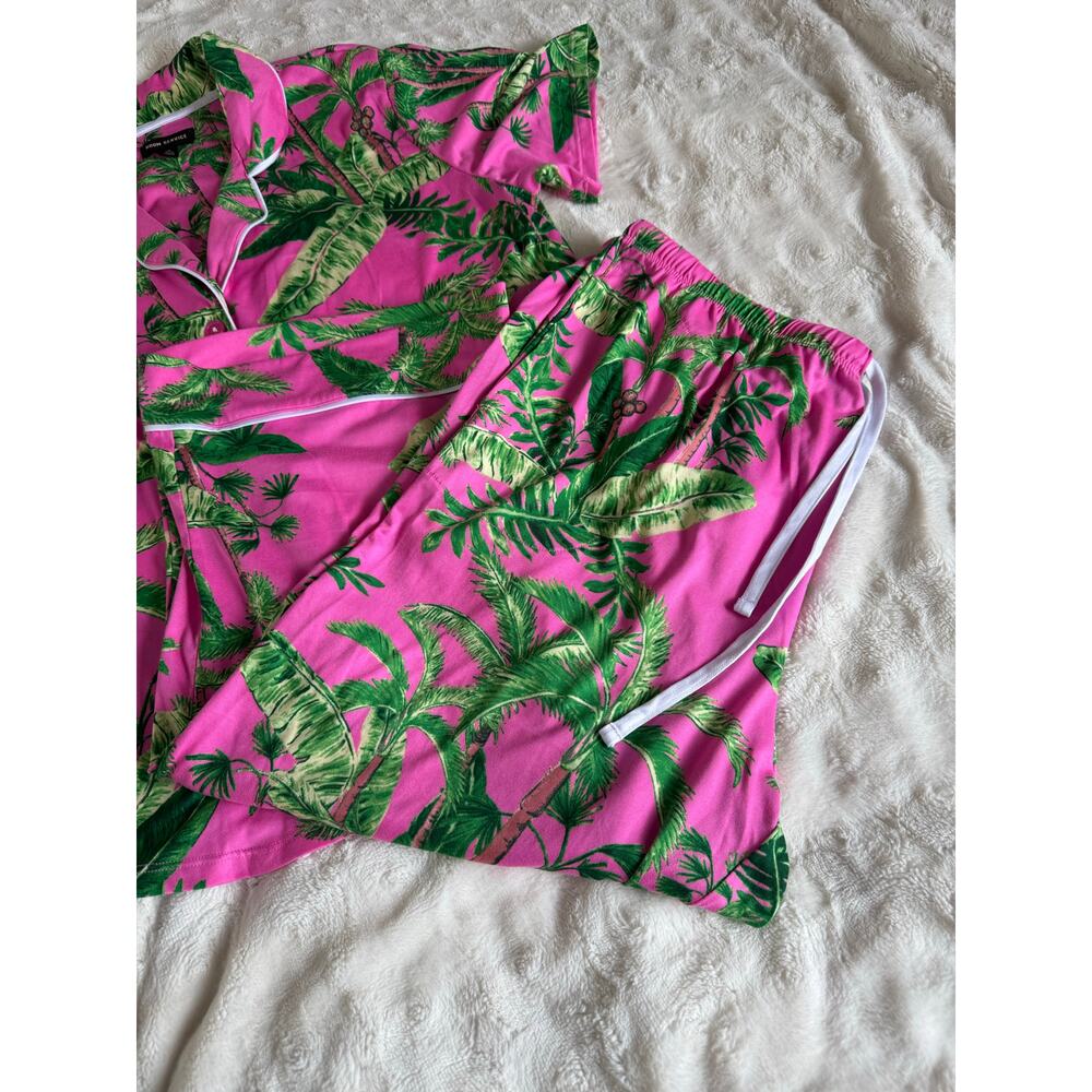 Room Service Palm Print Pajama Set Pink Green Tropical Resort Lounge L - Picture 3 of 5